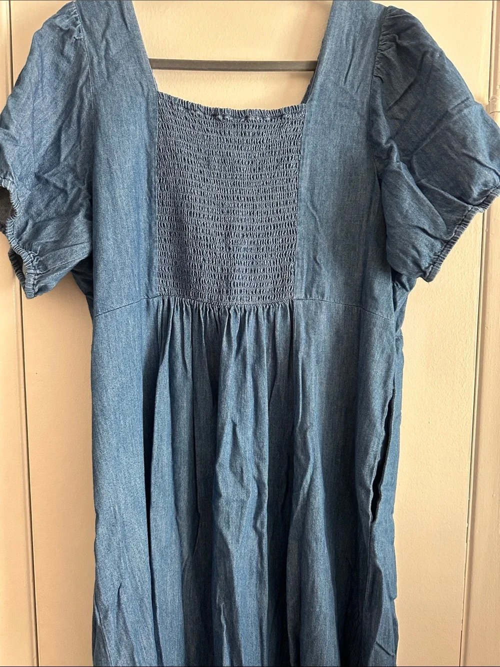 Blue Denim Midi Dress with V-Neck - Picture 2 of 3